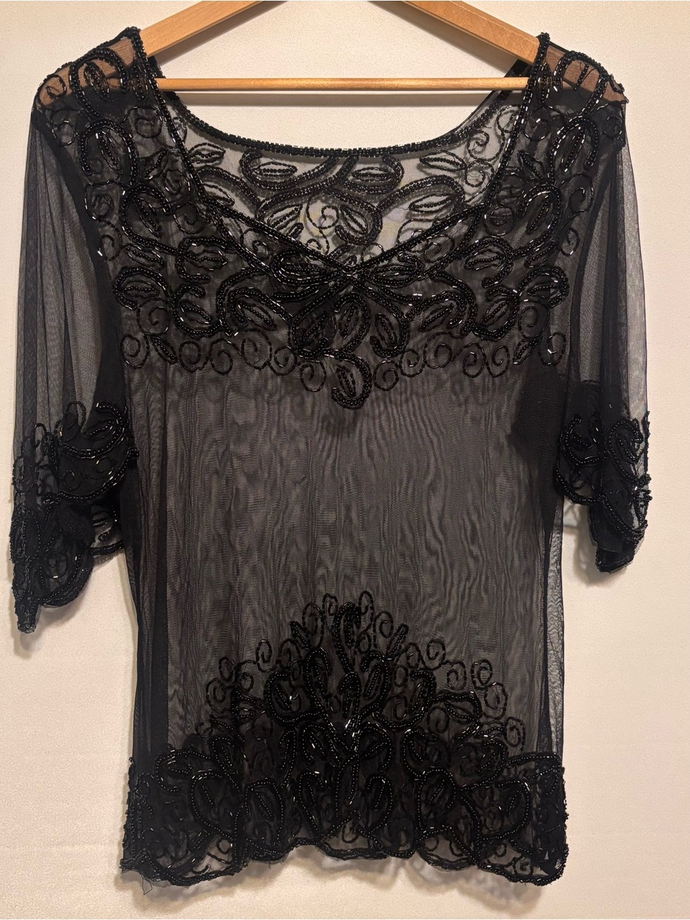 Elegant Vintage Black Beaded Sheer Women's Top
